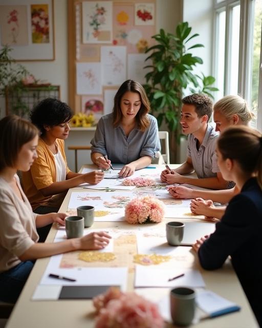 El equipo de Orion Bodas colaborando en una mesa de diseño con muestras de flores y telas.