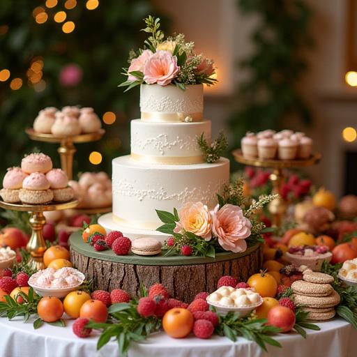 Una espectacular mesa de dulces y tarta nupcial adornada con flores y frutas.