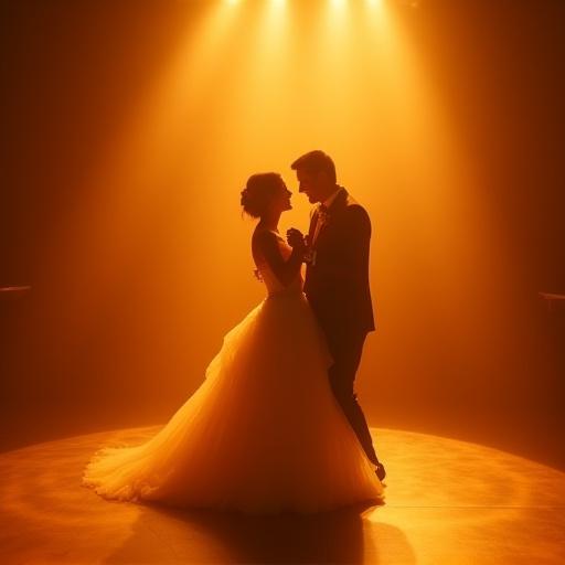Los novios compartiendo su primer baile bajo una iluminación cálida y focos mágicos.
